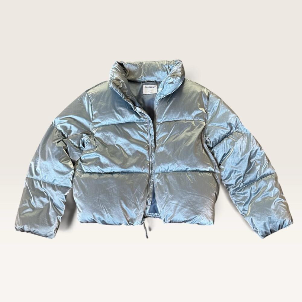 Metallic dusty blue puffer jacket